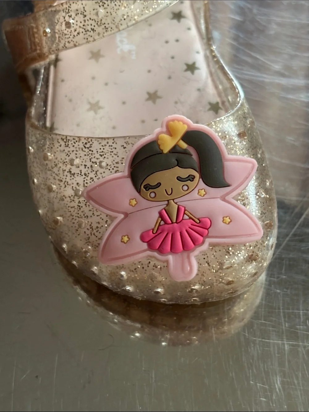 Cat & Jack Glitter Gold Mary Janes with Pink Ballerina Charm